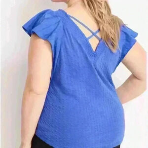 Maurices Textured Flutter Sleeve V-Neck Blouse Blue Size XL